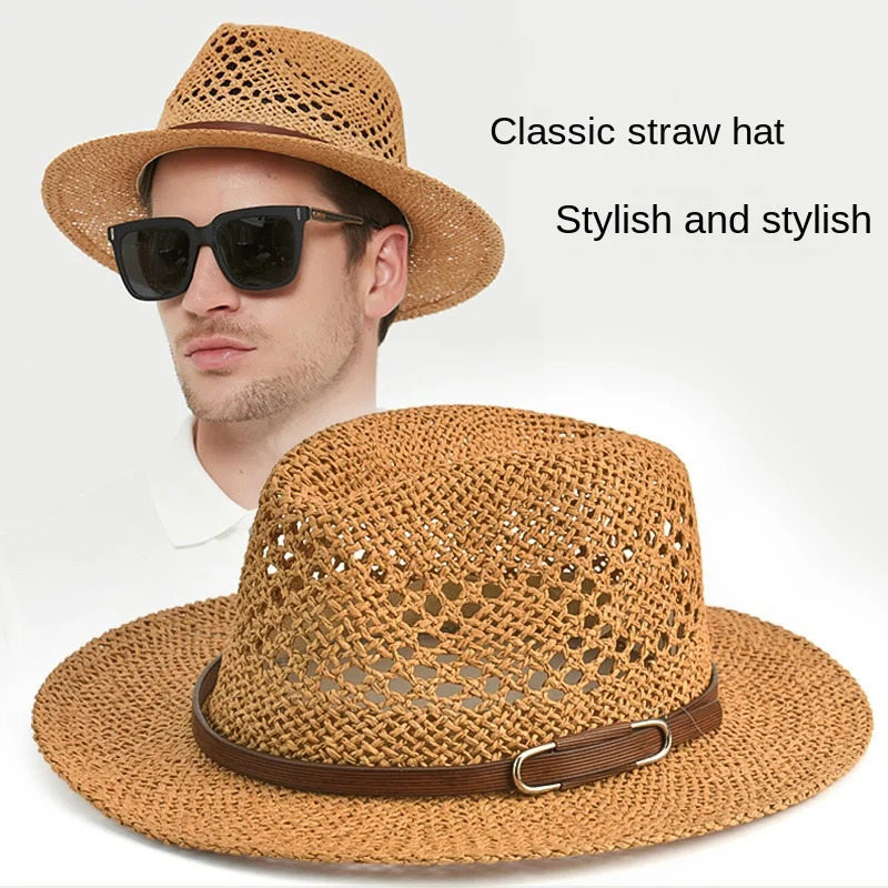 Fedora hat wide Brim mens beach straw hat Exquisite woven mesh hollow breathable cool womens summer casual hat 241125