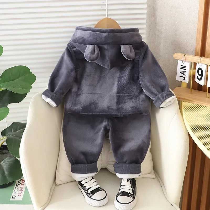 Clothing Sets New Baby Boys Clothes Set Autumn Winter Thick Velvet Cartoon Bear Hooded Coat Sweater Pants 3Pc for 1-4 Years Kids Sprot Outfits H241126