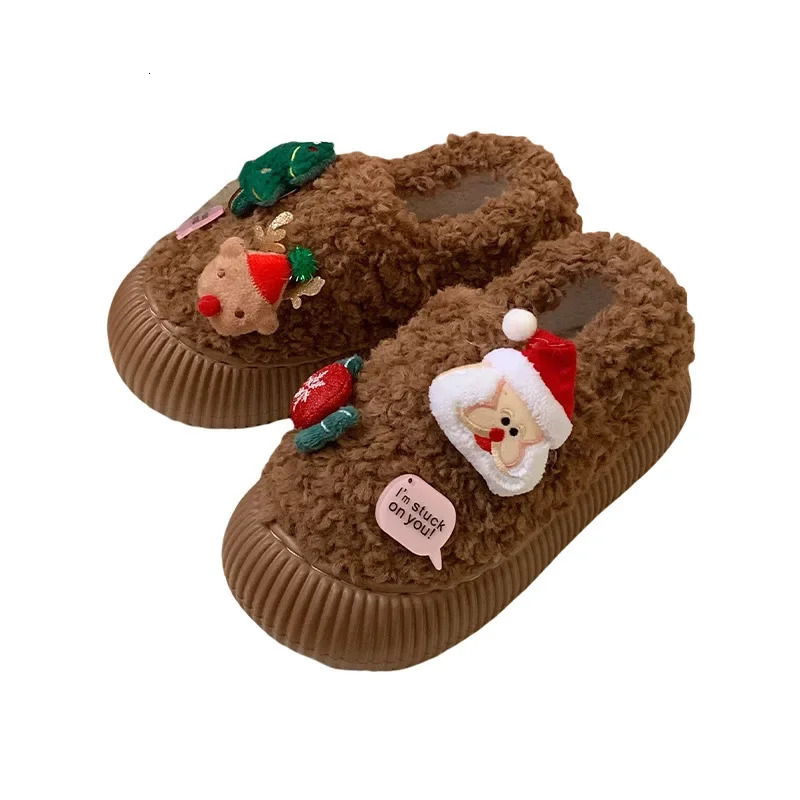 Winter Cotton Warm Plush Fur Antiskid Christmas Slippers Deer Antler Cotton Mops Outdoor Breathable Sole Soft Home Couples Shoes 241126
