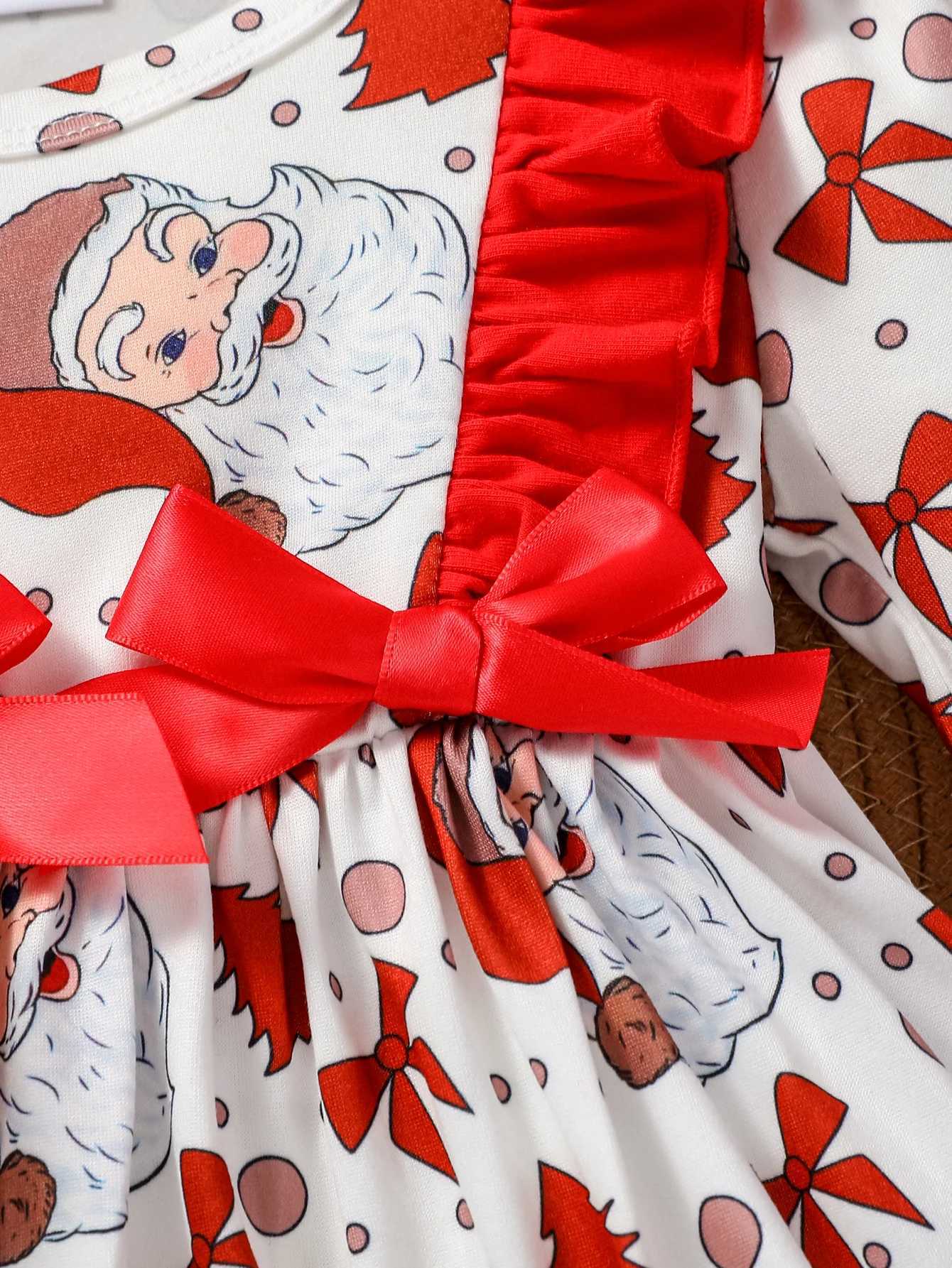 Clothing Sets 2Pcs Baby Girls Long Sleeve Print Santa Claus With Bow Top+ Solid Red Trousers Set For Christmas Outdoor Wear H241126