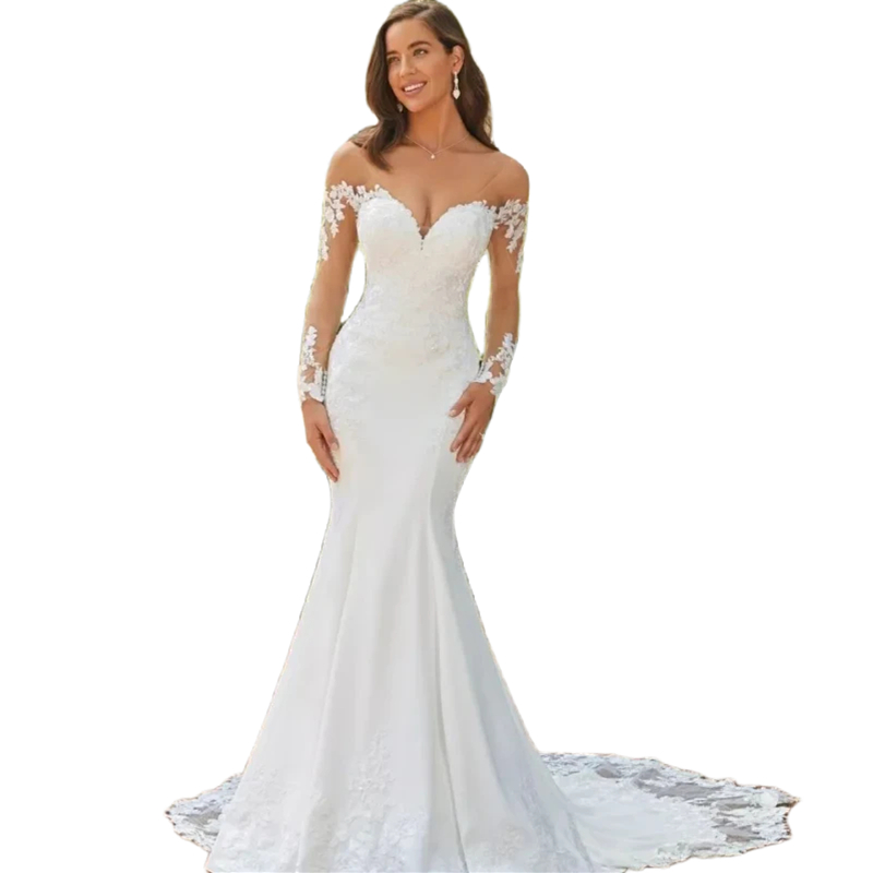 Sweetheart Elegant Mermaid Wedding Dress White Long Sleeves Open Back Lace Appliques Beach Bridal Gown Court Train Vestido De Novia