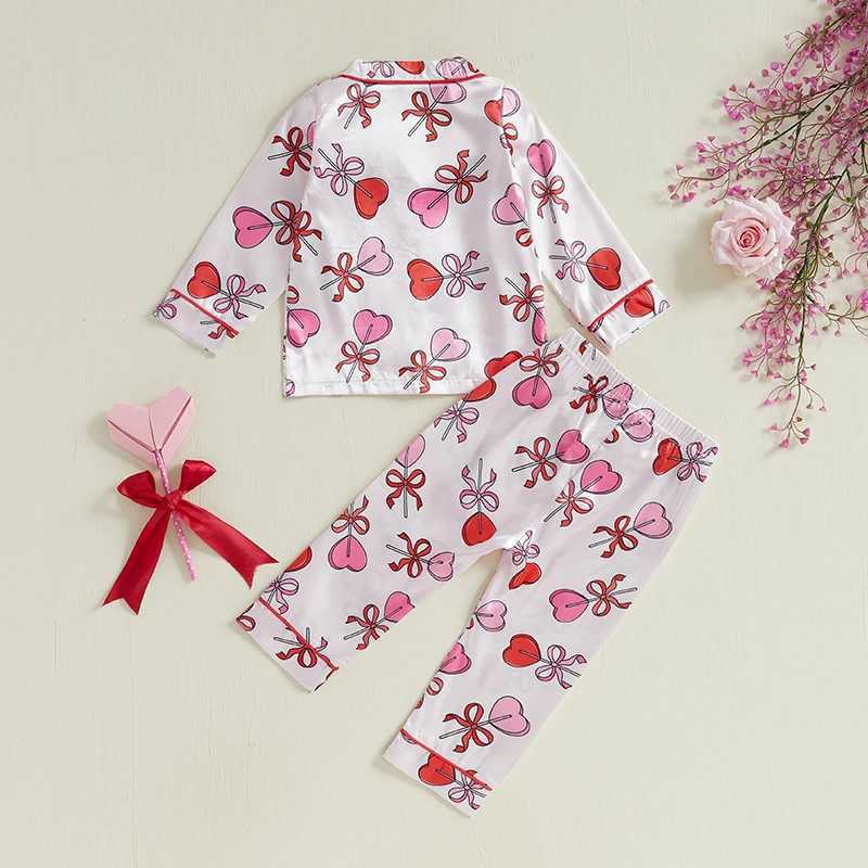 Clothing Sets Kids Girls Valentines Day Printed Pajamas Set Sweet Heart Print Long Sleeve Tops and Elastic Band Pants 2Piece Child Loungewear H241126
