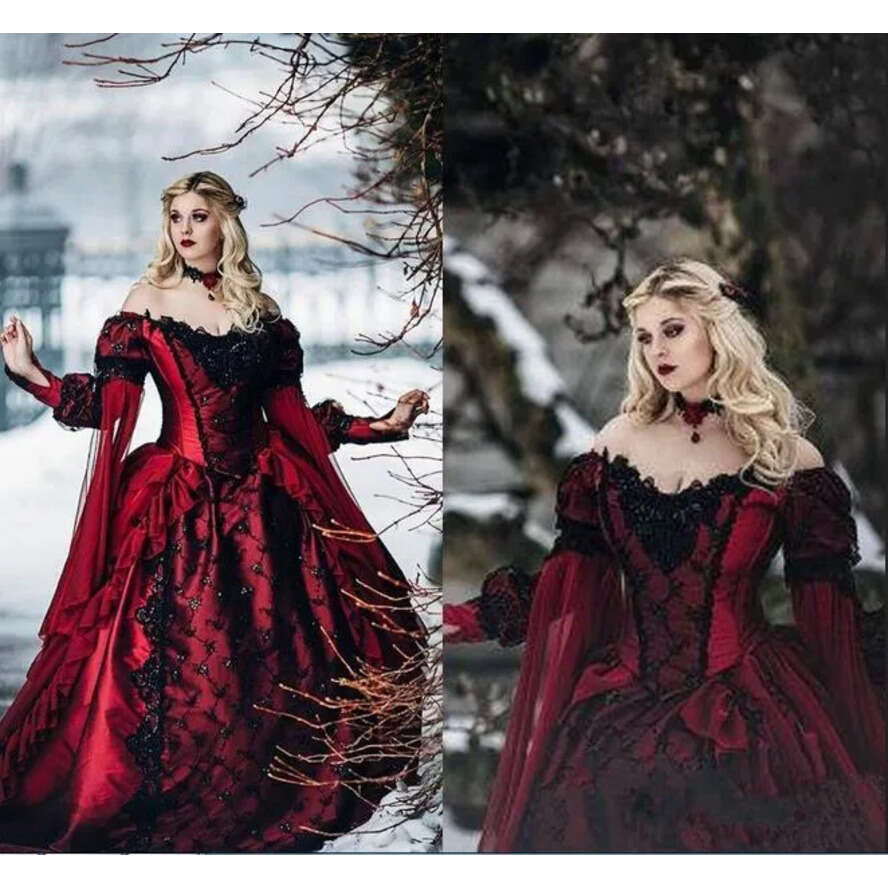 New Gothic Sleeping Beauty Princess Medieval Bury And Black Wedding Dress Long Sleeve Lace Appliques Victorian Masquerade Bridal Gowns