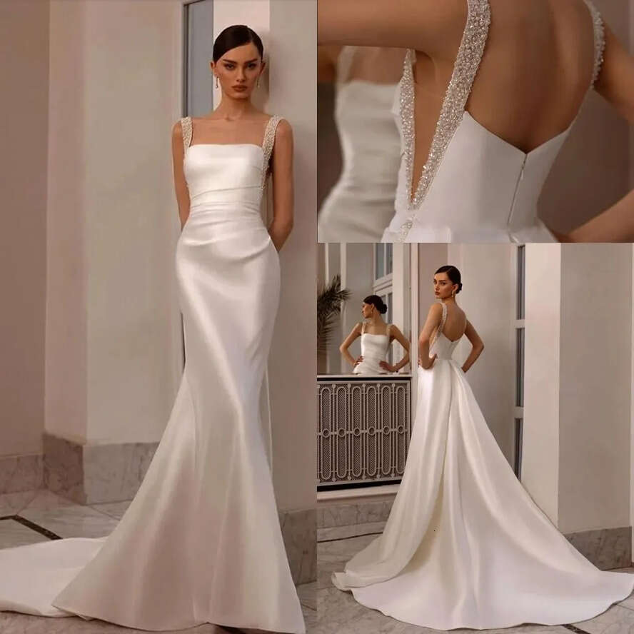 Elegant Satin Mermaid Wedding Dresses Square Collar Beaded Pearls Bridal Gowns With Detachable Skirt Backless Robes For Formal Party Vestidos De Novia