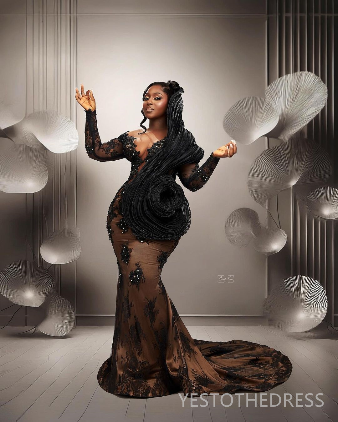 2025 Plus Size Black Mermaid Prom Dress Evening Dresses Elegant Sheer Neck Long Sleeves Beaded Lace Birthday Dress Second Reception Gowns Robe De Soir