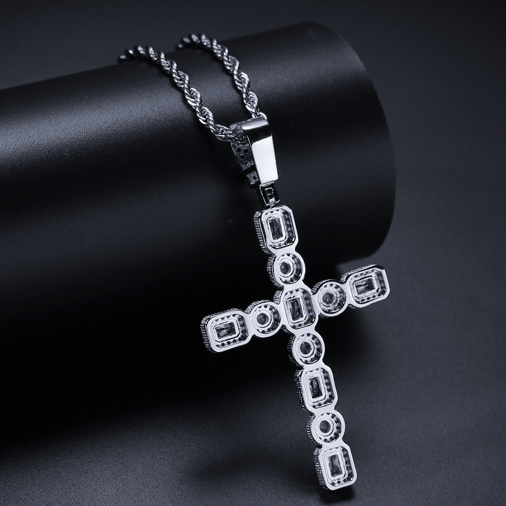 Hip Hop High Quality Big Cross Pendant Necklace 5A Round Big Zircon Rap DJ Mens Religious Jewelry