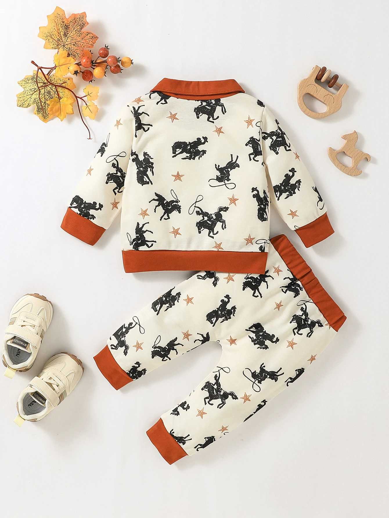 Clothing Sets Baby Boys 2pcs Cartoon Horse Turn-down Collar Fall Long Sleeve Top+ Trousers Pantsuit For Children Clothing Dailywear H241126