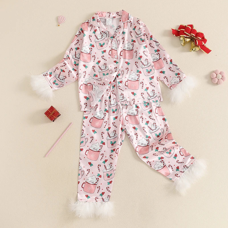 Satin Christmas Pajamas for Girls Cup Milk Christmas Silk Pajamas 2PC Button-Up Pjs Feather Sleeve Kids Xmas Pajamas Set 241126