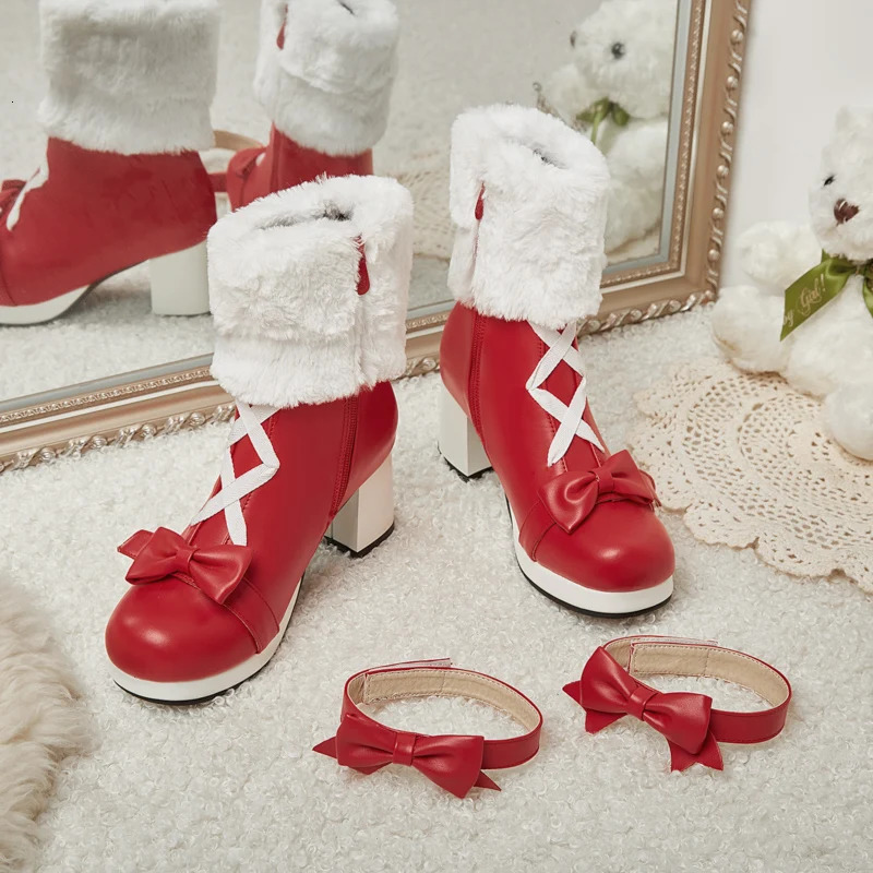 Winter High Heels Lolita Ankle Boots Artificial Fur Waterproof Platform Thick Bottom Cute Bow Red Pink Black Womens Shoes Size 34-43 241126