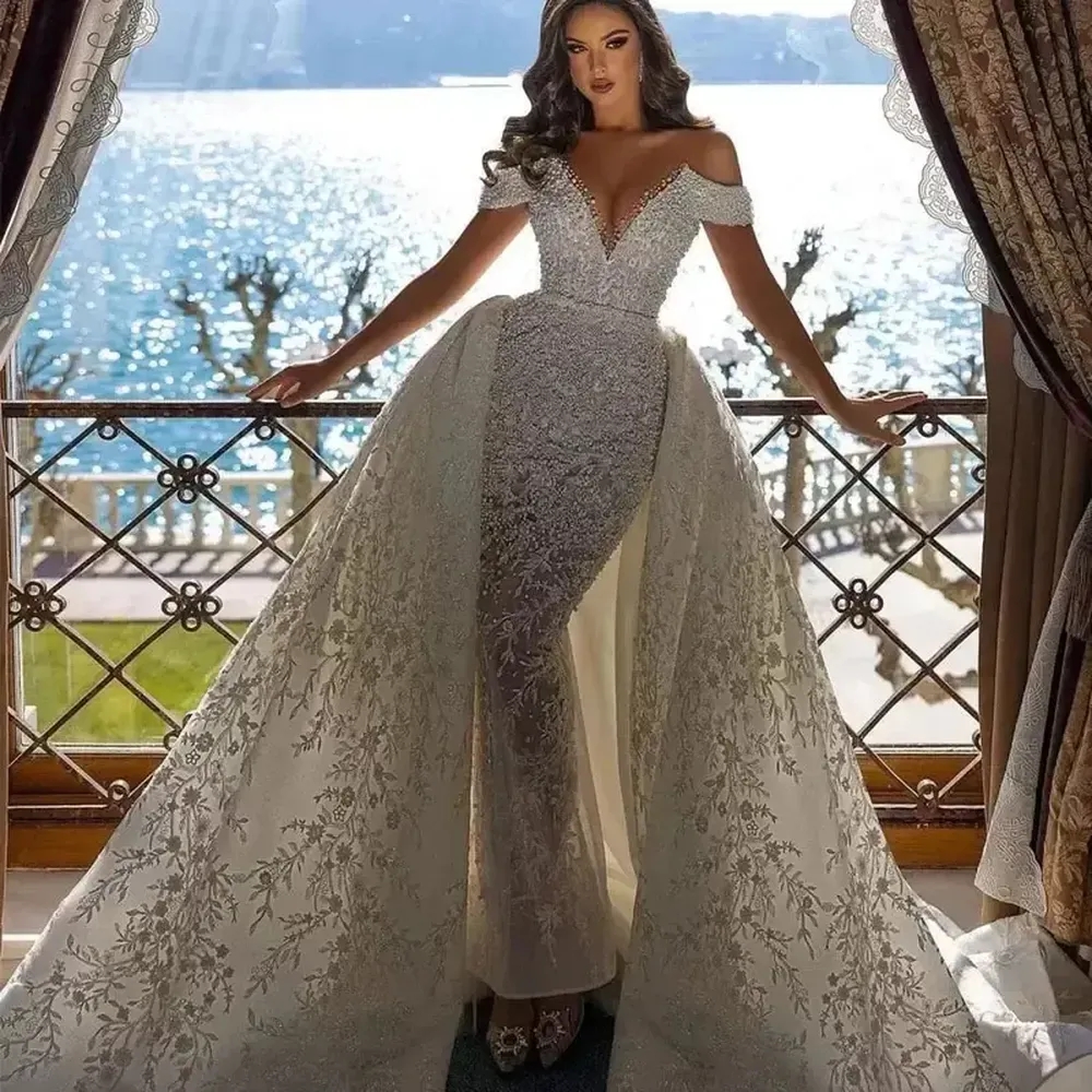 Arabic Beads Mermaid Wedding Dress with Detachable Train Off Shoulder Pearls Bridal Gowns Floral Lace Appliques Bride robes de mariee