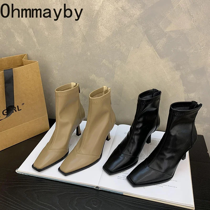 High Heel Women Stretch Slim Ankle Boots Fashion Elegant Square Toe Short Booties Autumn Winter Laides Warm Fleeces Shoes 241114