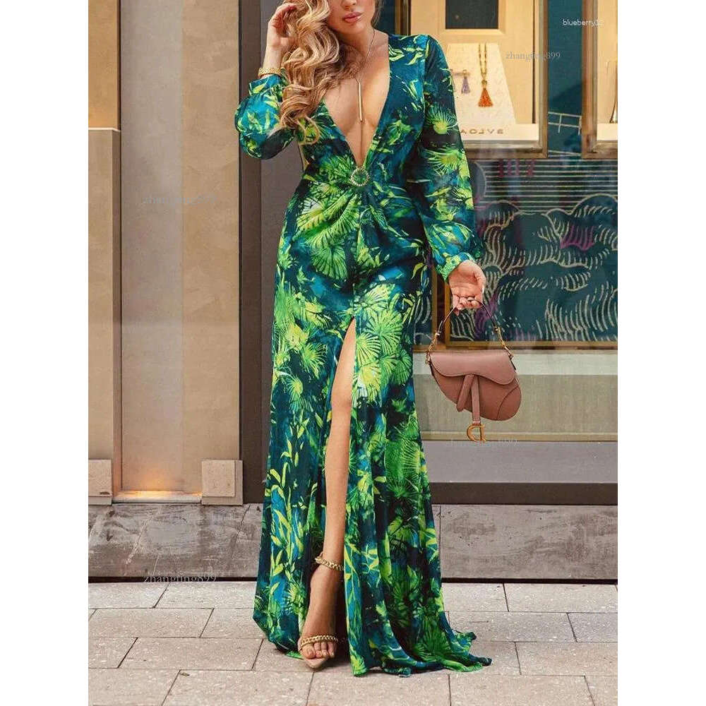 Casual Dresses Tropical Print Plunging Neck Split Thigh Maxi Dress Women Sexy Long Printed V-Neck