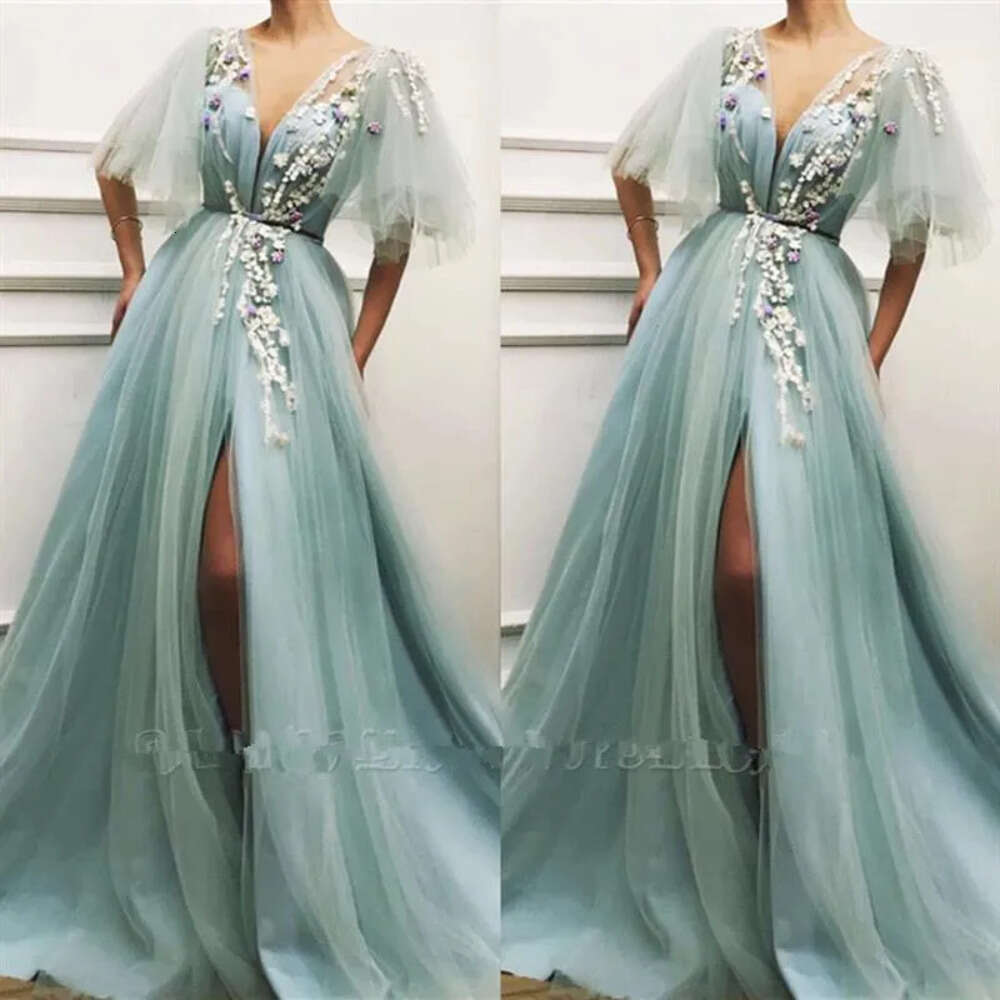 E V Neck Tulle A Long Prom Flare Sleeves Lace Applique Split Or Length Formal Party Evening Dresses Bc Pplique 6660306