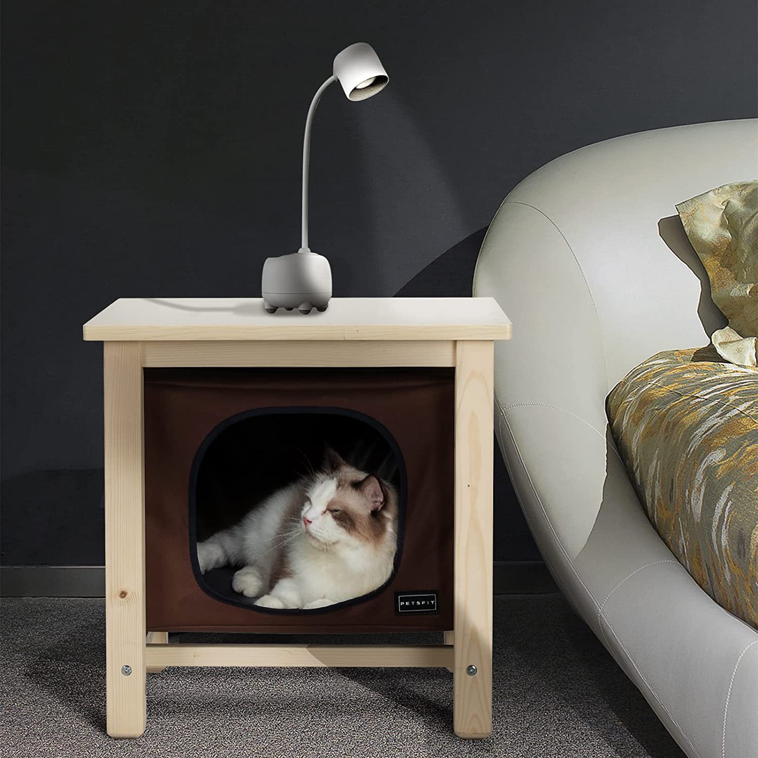 People and pets share pet supplies on the bedside table of the indoor cat room