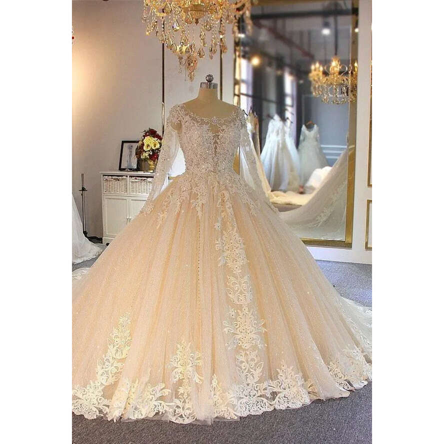 Arabic Vintage Lace Appliques Ball Dresses 2020 Sheer Jewel Neck Long Sleeves Tulle Applique Beaded Bridal Wedding Gowns
