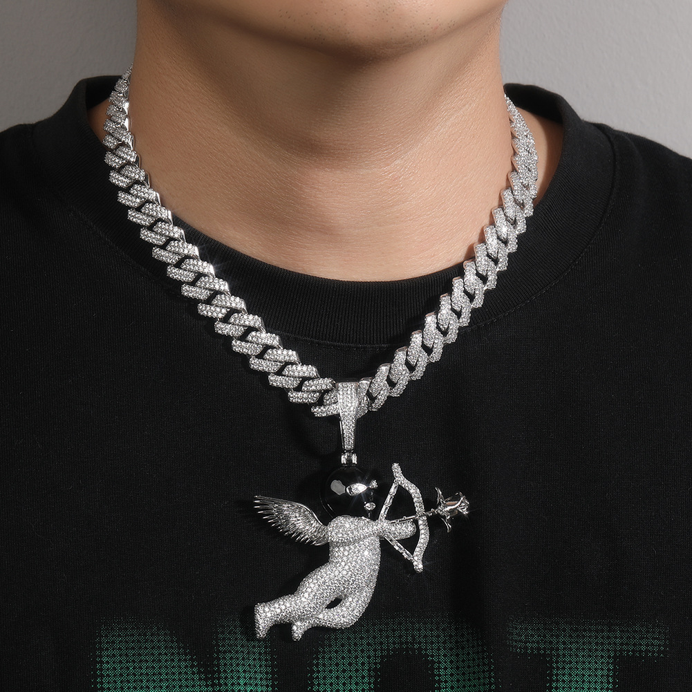 Hip Hop Rose Cupid's Arrow Pendant Necklace 5A Zircon Choker Couple Jewelry Valentine's Day Gift
