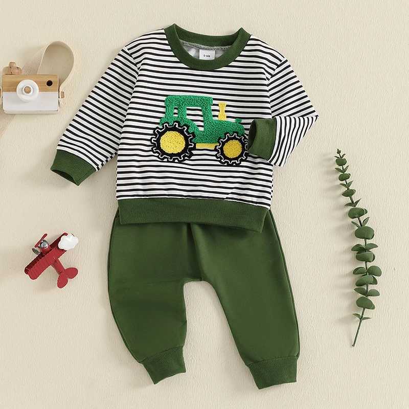Clothing Sets Kids Baby Boy Fall Outfits Casual Green Striped Tractor Embroidered Long Sleeve Sweatshirts and Bow Tie Pants Two-Piece Sets H241126