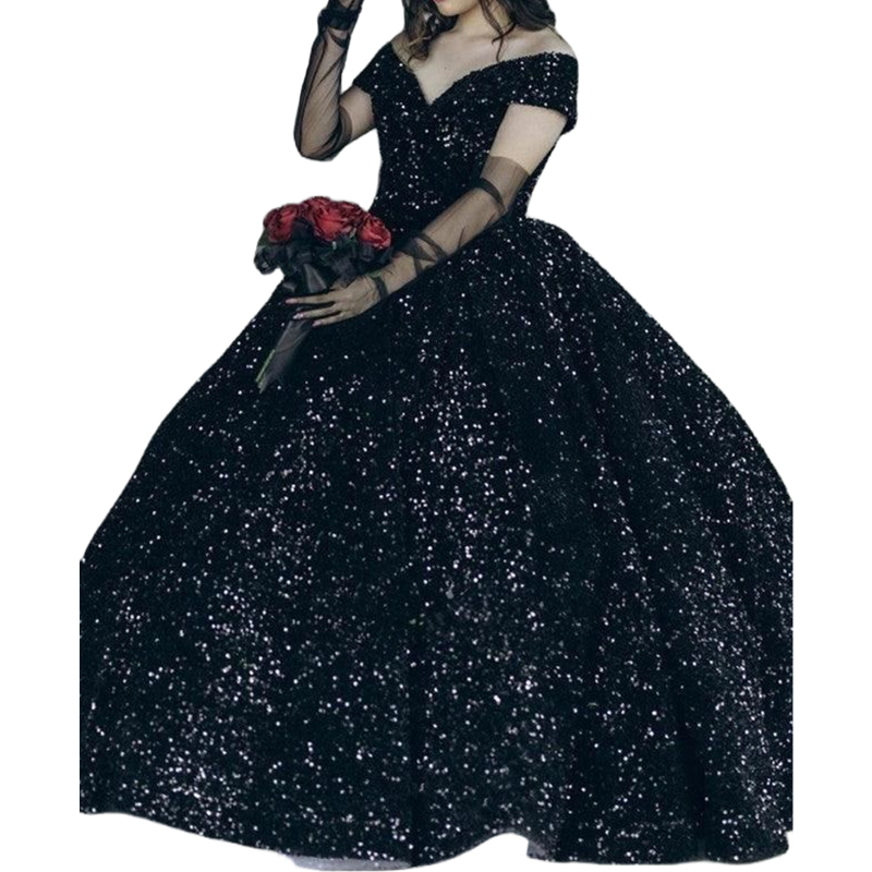 Sparkly Black Sequined Wedding Dresses Off The Shoulder V-Neck Floor Length Gothic Wedding Gown Back Lace-Up 2024 Vintage Bride Wear Vestido De Novia