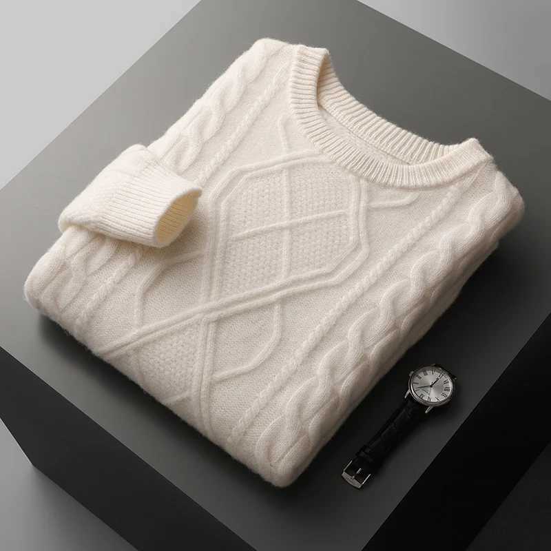 Winter New Mens 100% Wool Cashmere Sweater Thick Zipper O-Collar Jacquard Solid Bottom Sweater Warm Plus Knitted Jacket Top X241126