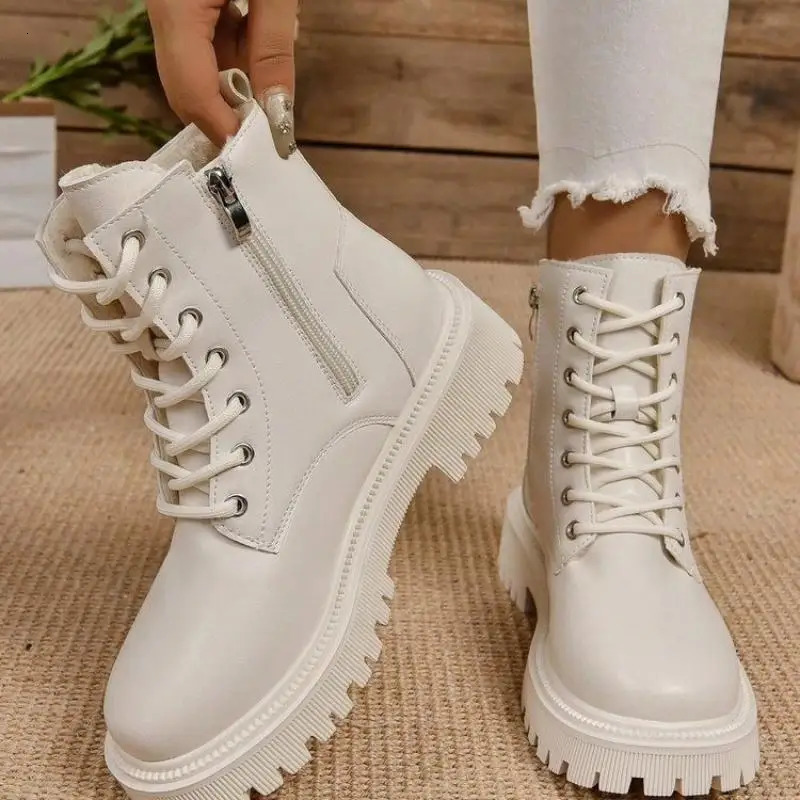 Thick Warm Long Plush Ankle Boots for Women Winter 2024 Lace Up Pu Leather Motorcycle Boots Woman Plus Size Short Booties Shoes 241126
