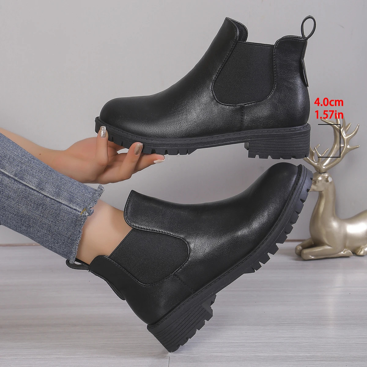 Womens Casual Chelsea Ankle Boots Round Toes Black PU Leather Short Boots Womens Comfortable Low Boots Slippery in Botas De Mujer 2024 241126