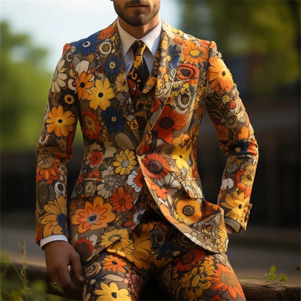 Checkered mens 2-piece set floral print wedding party best mens tailcoat jacket set button plus size X241126