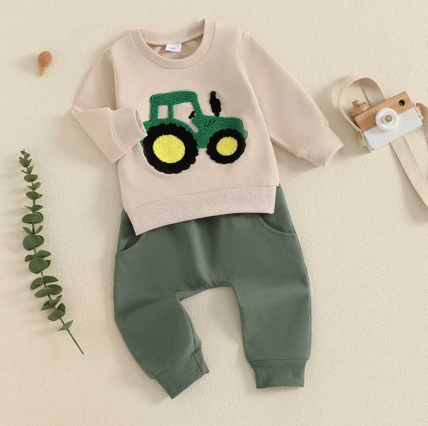 Clothing Sets Toddler Boy Fall Outfits Tractor Embroidery Long Sleeve Round Neck Sweatshirt with Solid Pants Set Boys Tracksuits Set H241126