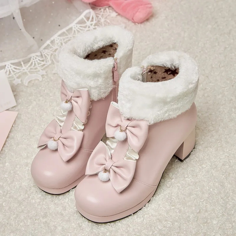 Winter Warm Wool Fur Decoration Sweet Lolita Shoes Womens Ankle Boots Role Playing Kawaii Princess Platform Girl Botas Plus Size 43 241126