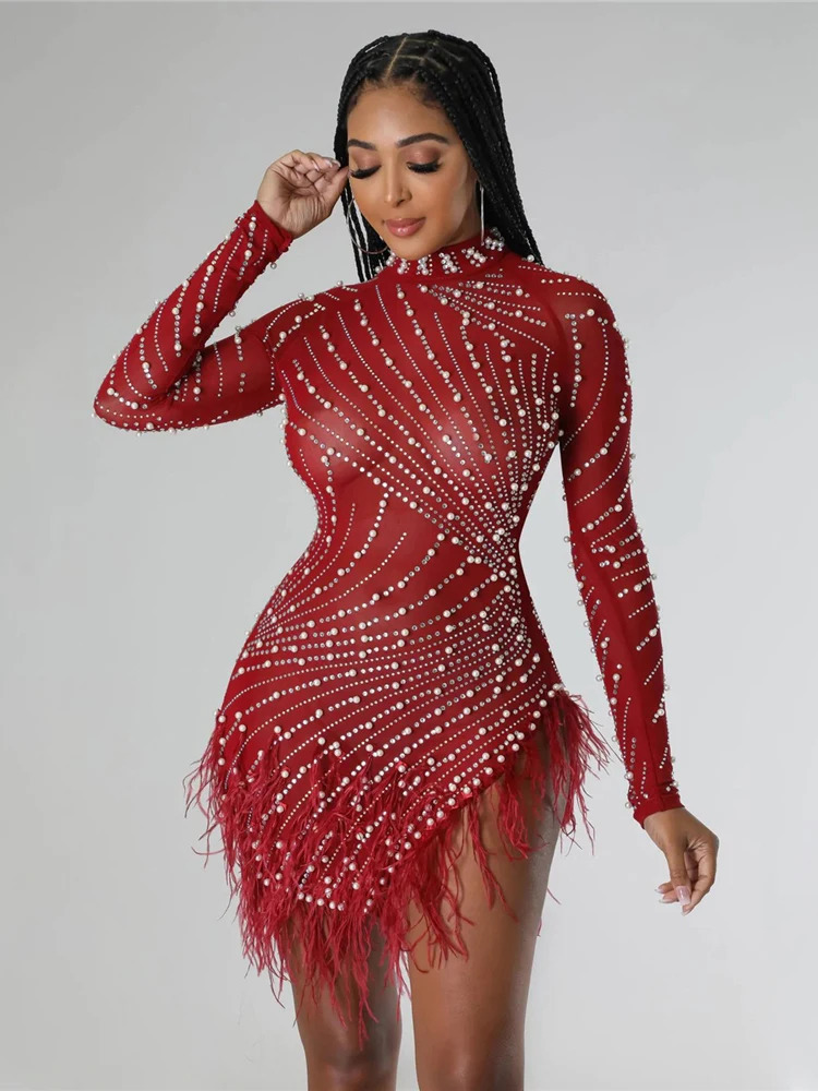 iDress Sexy Pearls Rhinestone Party Dresses Women Elegant Nightclub Feather Birthday Dress Long Sleeve Mesh Sheer Bodycon 241112