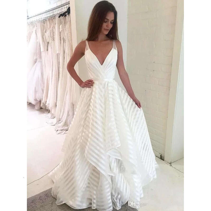 Deep V Neck Spaghetti Straps A E Wedding Dress Stripes Lace Tulle Tiers Ruffles Or Length Bridal Gown Robe De Mariee Bc0856
