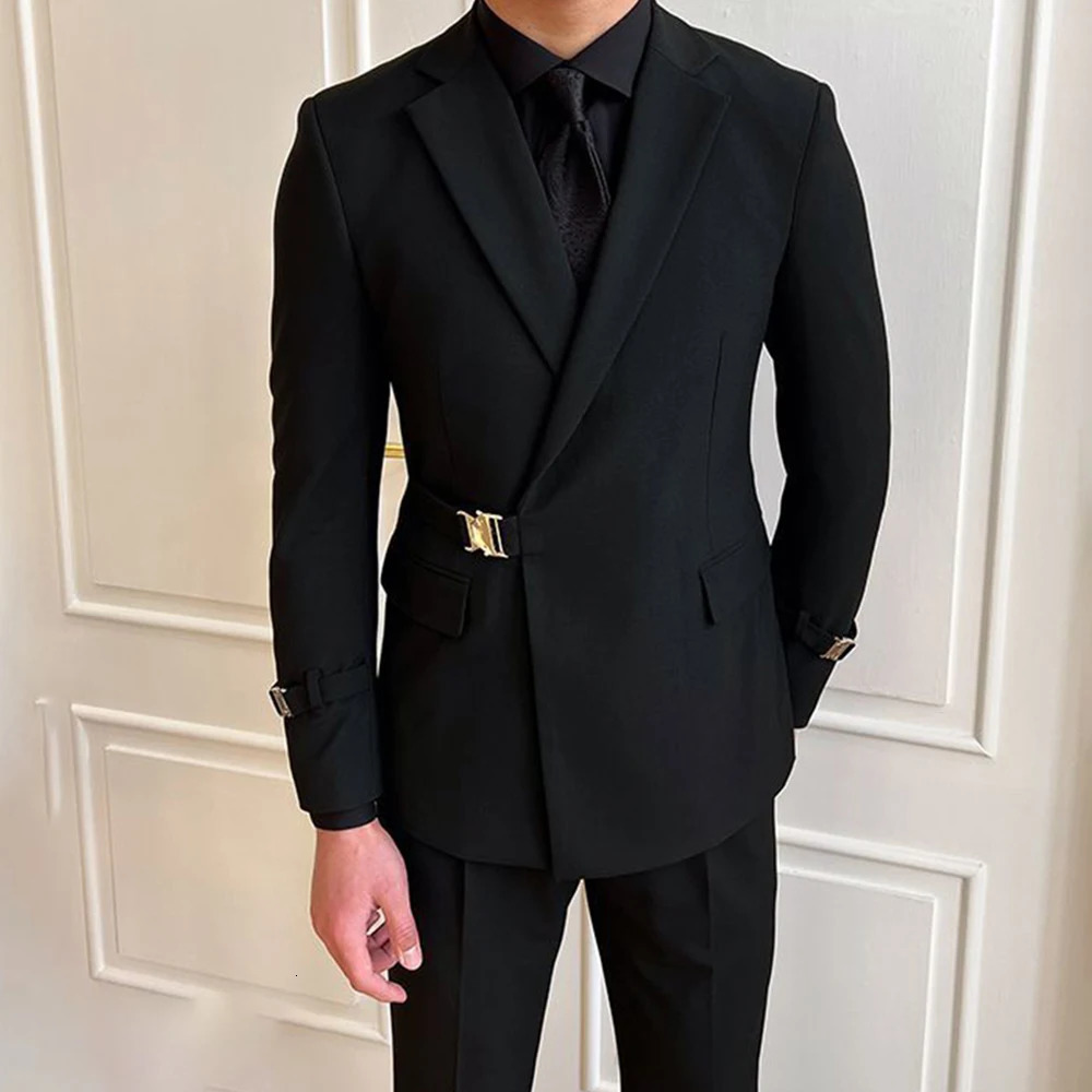 British style black suit jacket mens elegant gentleman business casual professional formal dress belt double chest 241126