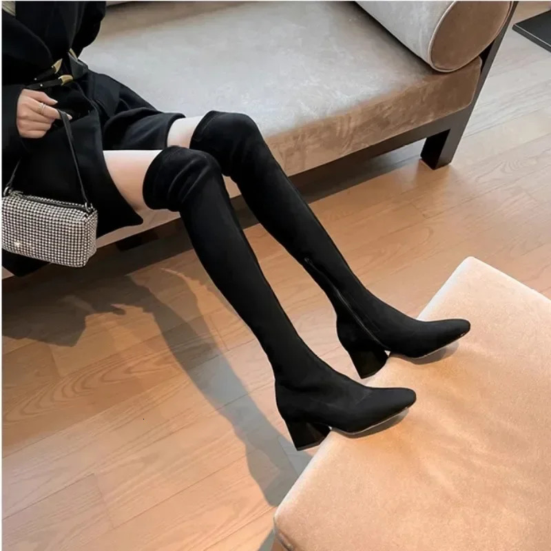 Elastic Long Faux Suede Boots Woman Over-the-knee Boots Casual Black Platform Shoes for Women Autumn Ladies Bottes 241114