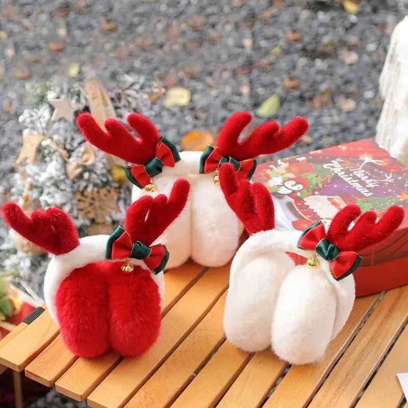 Christmas Foldable Plush Antler Earmuffs Women Warm Earmuffs Cartoon Deer Horn Bow Earfl Student Cold Protection Ear CoverXJ241126