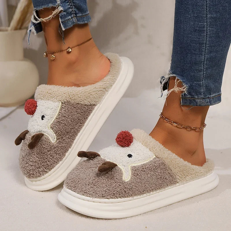 Christmas Elk Home Plush Slippers Women Winter Comfort Soft Sole Indoor Slides Woman 2025 Non-Slip Warm Cotton Shoes Slippers 241126