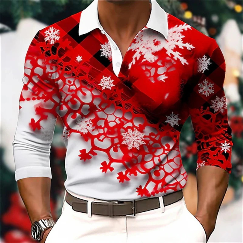 Santa Claus 3d Printed Mens Long Sleeve Polo Shirt Casual Mens Fashion Christmas Golf Shirt Autumn Holiday Party Men Clothing 241126