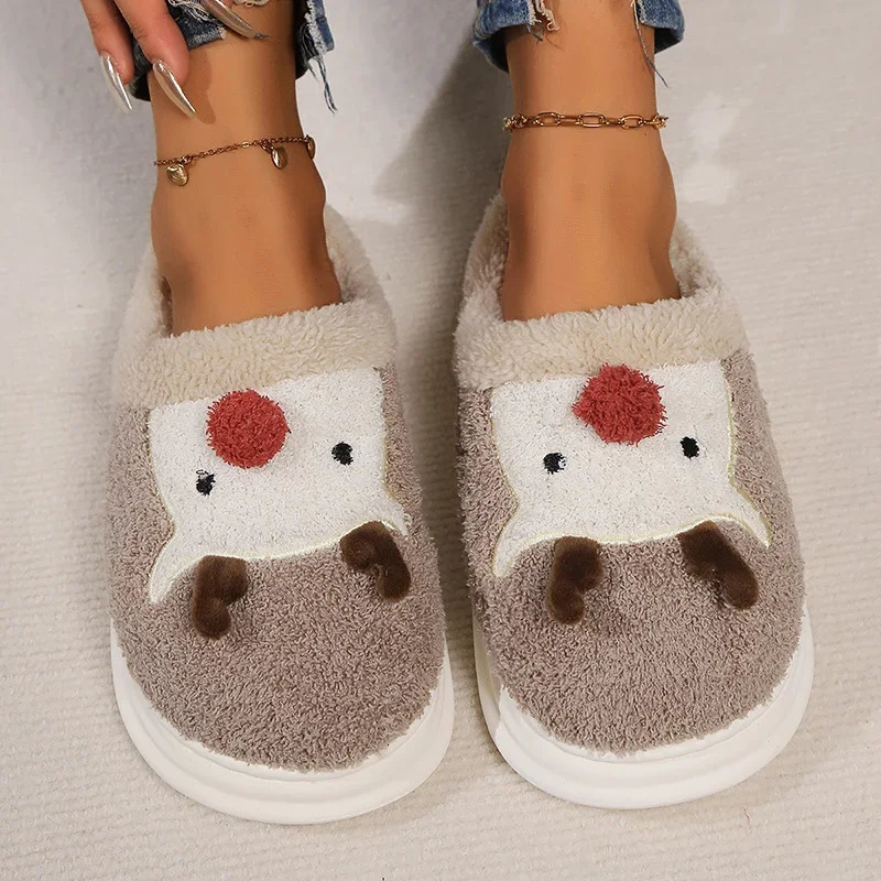 Christmas Elk Home Plush Slippers Women Winter Comfort Soft Sole Indoor Slides Woman 2025 Non-Slip Warm Cotton Shoes Slippers 241126