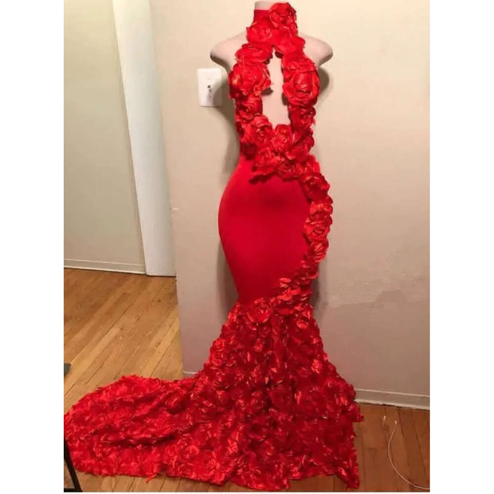 Red Lace High Neck Mermaid Long Prom Dresses Keyhole D Rose Floral Applique Sweep Train Party Evening Gowns Bc