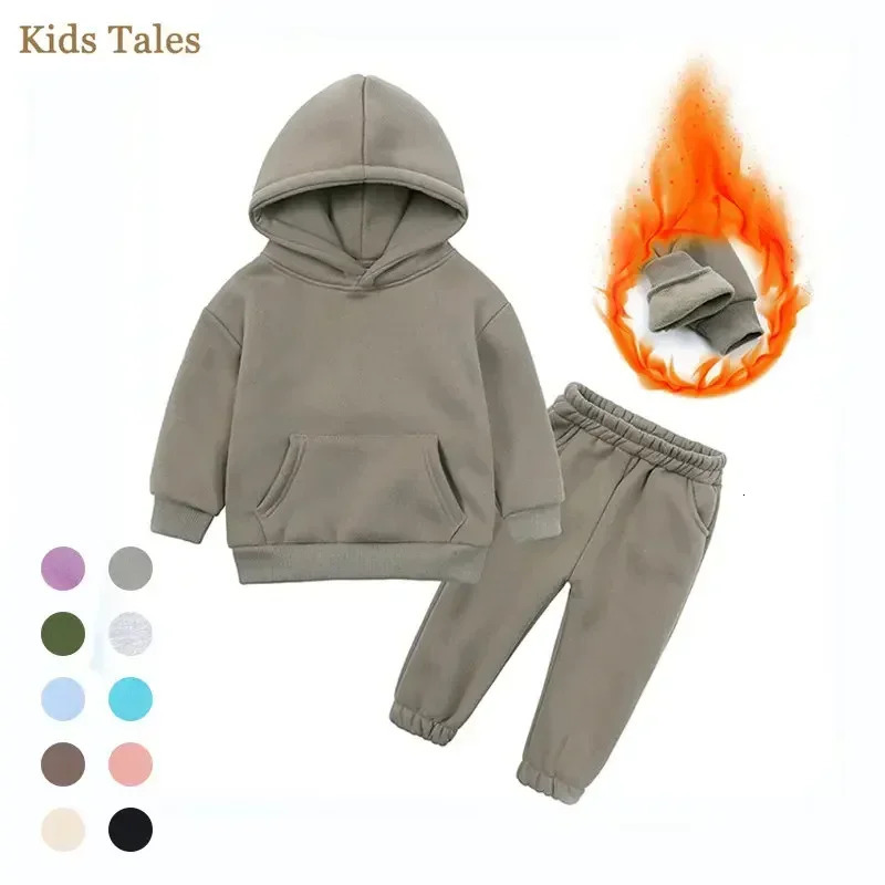 Children Fleece Winter Outfit Toddler Cotton Solid Hoodies Pullover Sweatshirt Pants Tracksuit Set Kids Boy Girl Warm Sweatsuits 241126