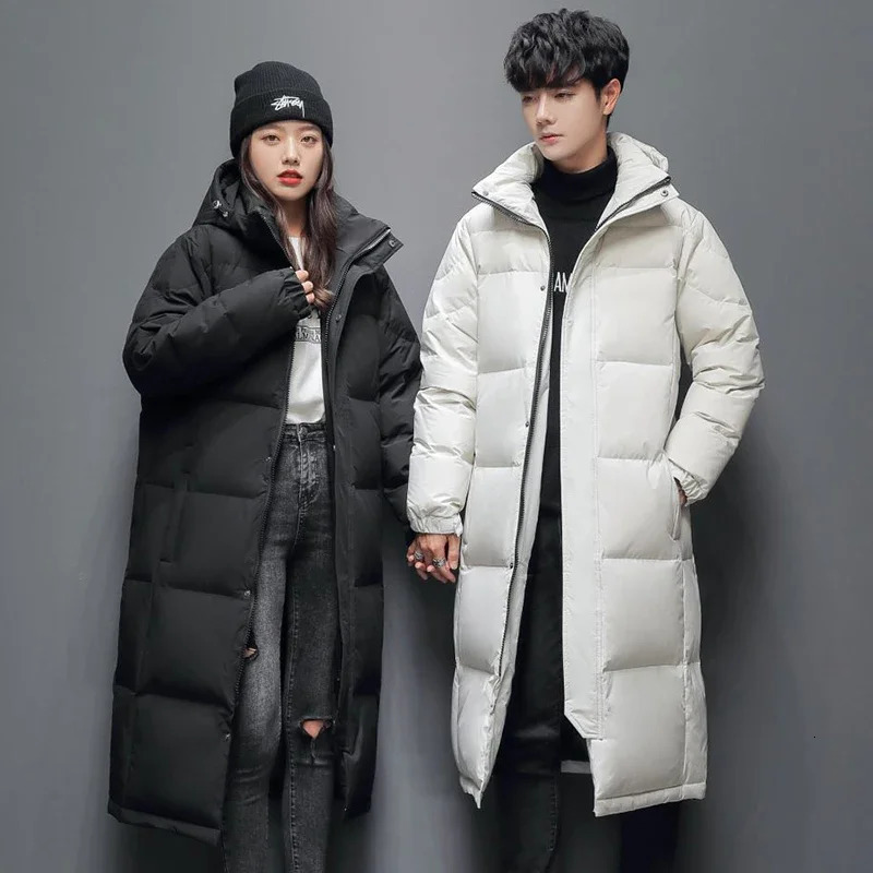 Winter Outerwear Long Down Jacket Men Women Casual Long Knee-length Hooded Parka Coat Thicken Versatile White Duck Down Coat 241125