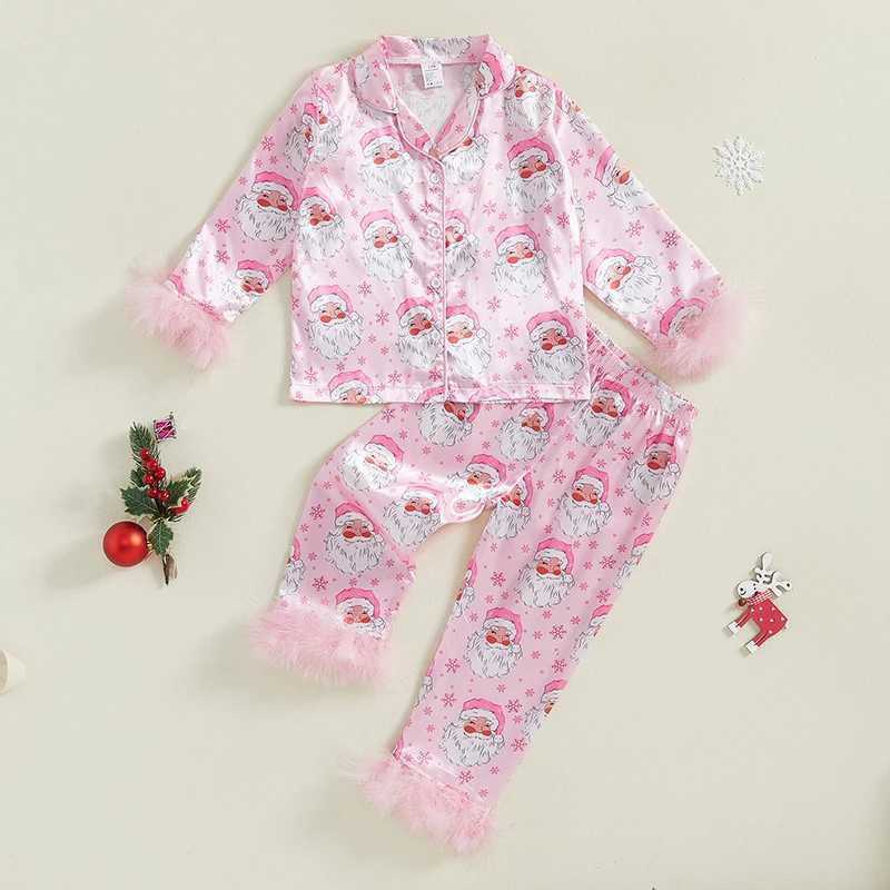 Clothing Sets Toddler Girl 2-Piece Christmas Pajamas Set with Long Sleeve Feather Trim Shirt and Pants - Festive Sleepwear for Baby H241126