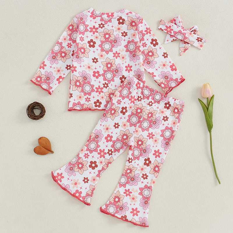 Clothing Sets Baby Girl Autumn Clothing Set Floral Print Crew Neck Long Sleeve Shirt Bell Bottoms Headband 3 Piece Outfit H241126