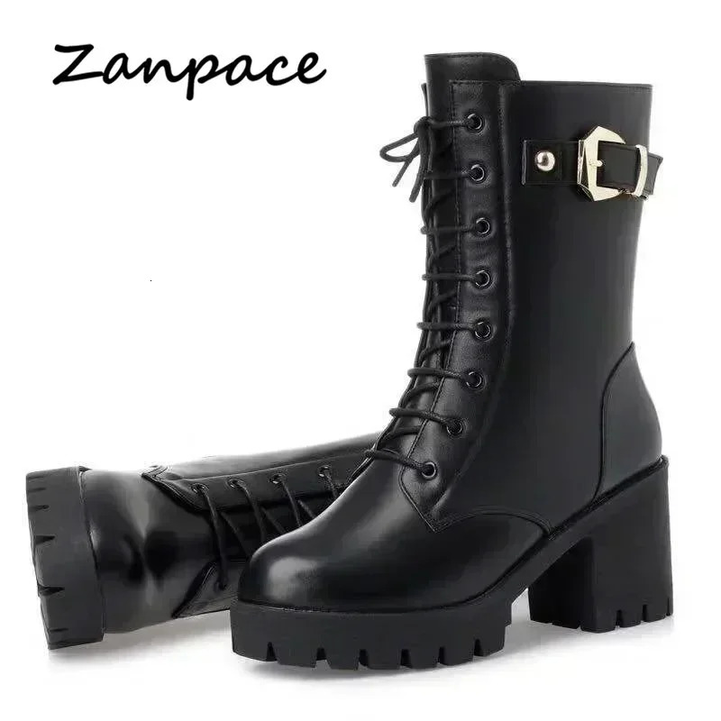 Winter Leather Women Winter Boots Thick Wool Warm Women High-heeled Genuine Boot High-quality Female Snow Boots Women Shoes 241114
