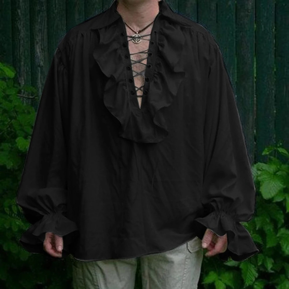 Mens Renaissance clothing pleated long sleeved lace medieval steampunk pirate shirt role-playing prince drama stage costume top 241126