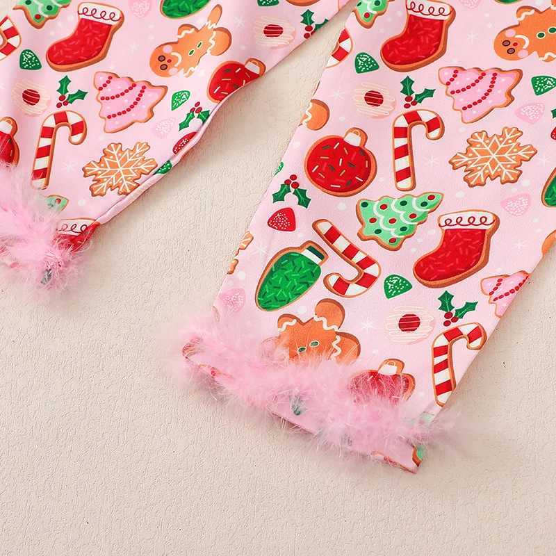 Clothing Sets Kids Girls Adorable Christmas Pajama Set Feathers Trim Loungwear Printed Long Sleeve Lapel Neck Tops and Long Pants 2PCS Outfits H241126