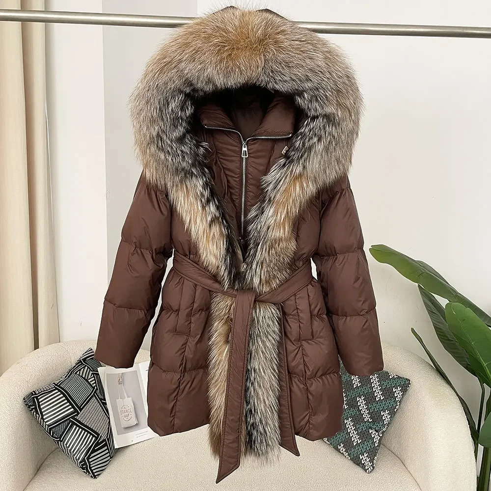 Thick and warm street clothing casual white duck down jacket winter jacket womens hooded sweatshirt natural fox fur coat 241121