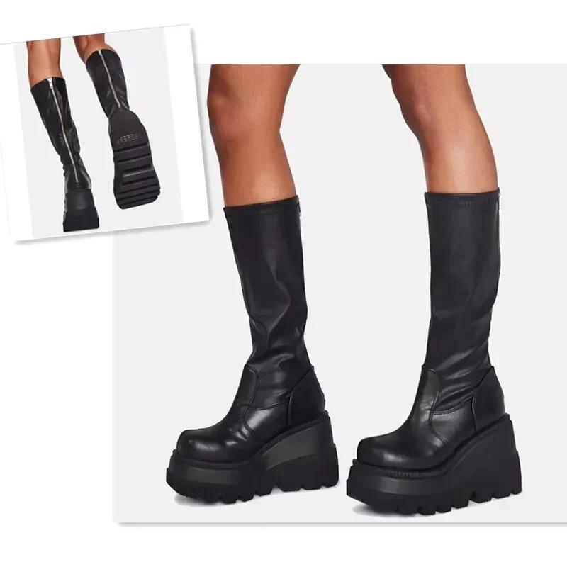 Punk Women Platform Boots Elastic Microfiber Chunky Heel Mid-calf Ladies Boots Spring Autumn Black Goth Women Shoes 241114