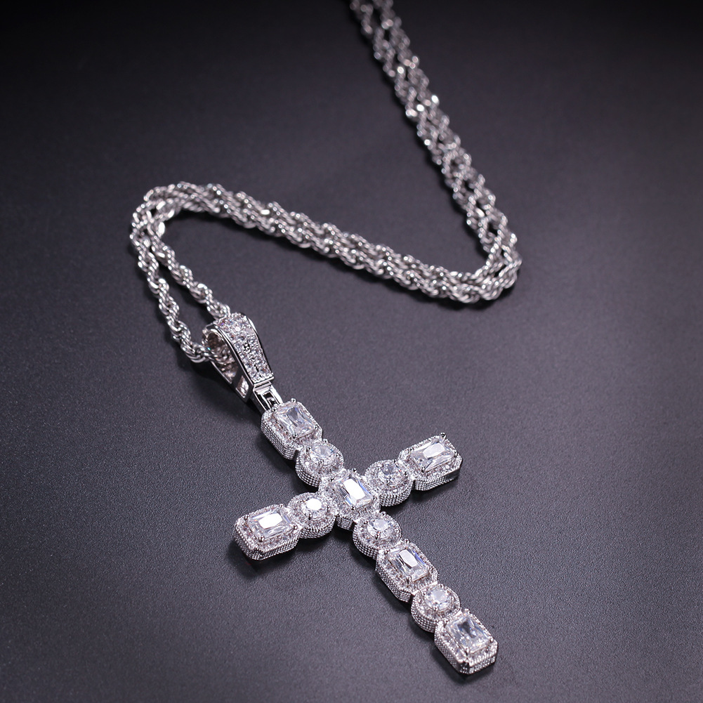 Hip Hop High Quality Big Cross Pendant Necklace 5A Round Big Zircon Rap DJ Mens Religious Jewelry