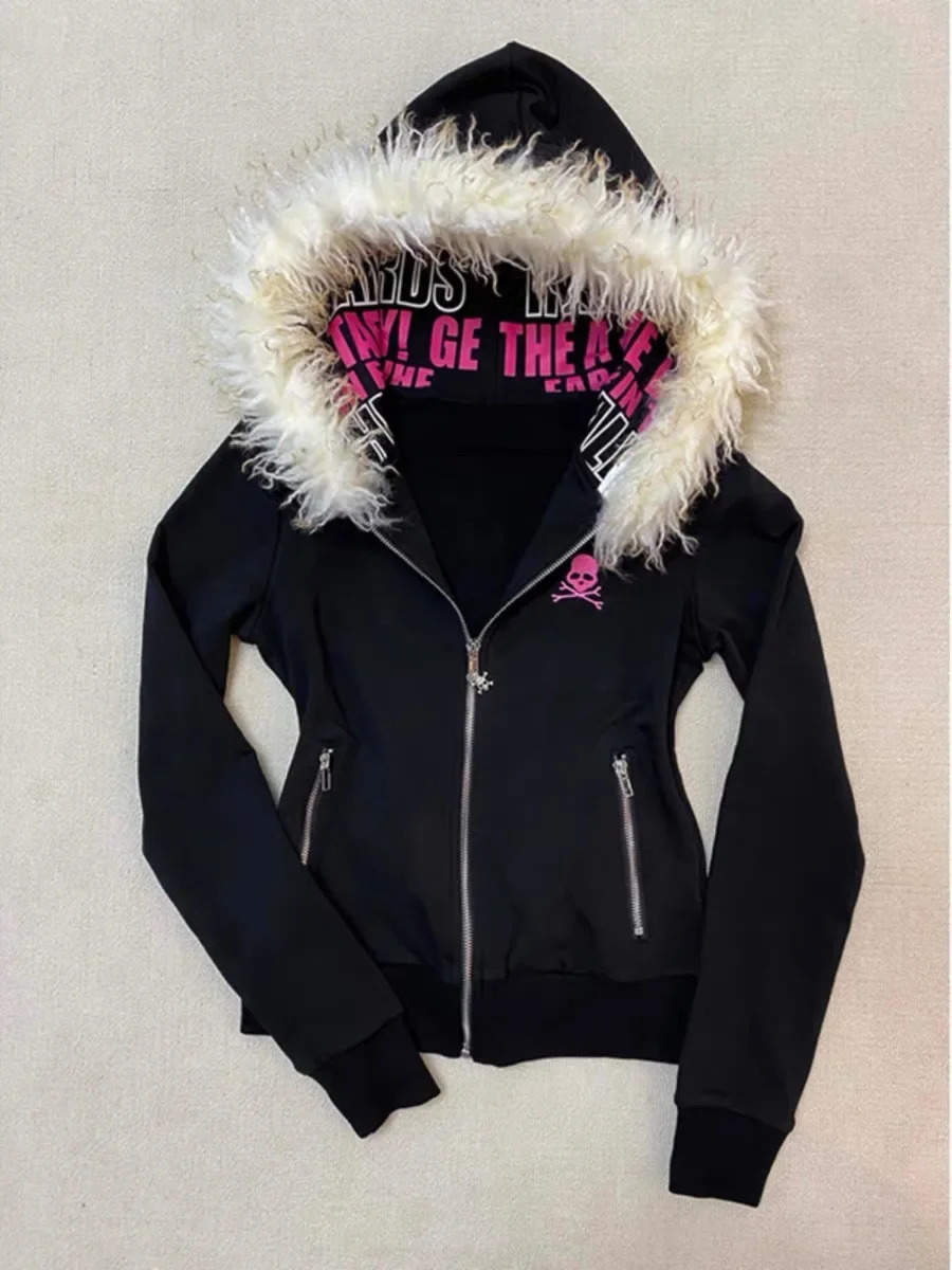 Y2K Hip Hop Harajuku Solid Color Zipper Fur Collar Jacket American Skull Print High Street Casual Slim Warm Long Sleeve 241125