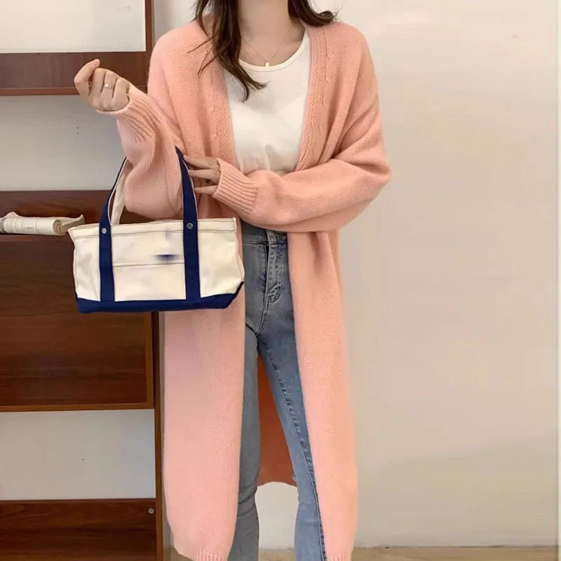 minimalist and versatile autumn long knitted cardigan for women with a lazy style over the knee Vneck thick sweater jacket 241112