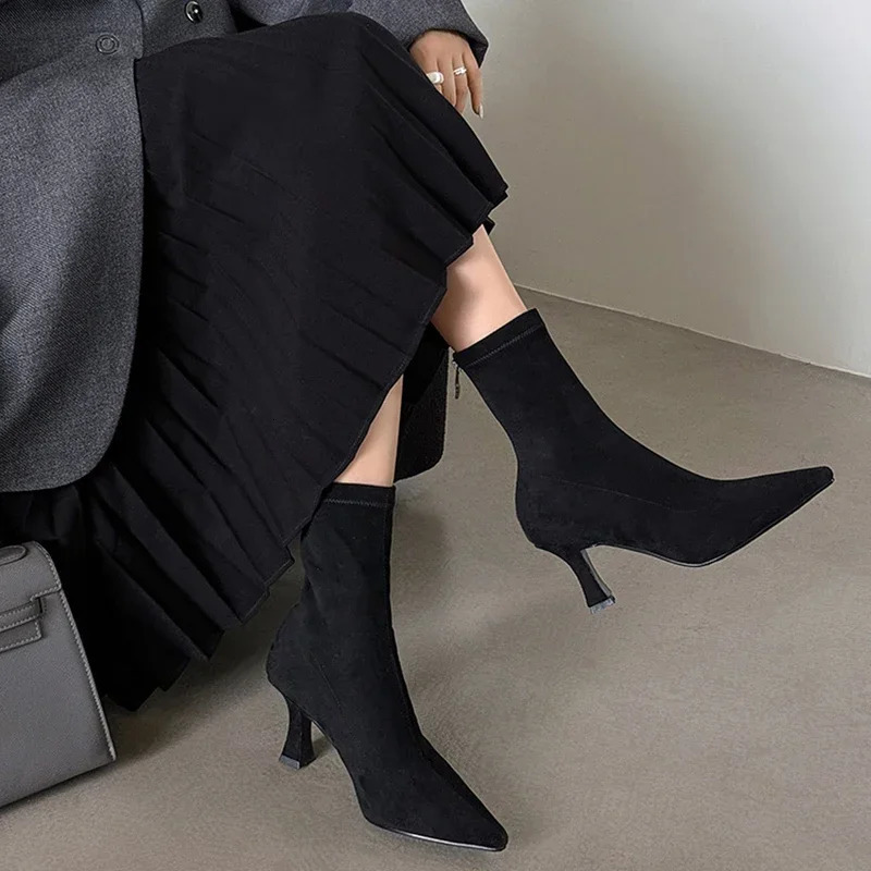 Vintage Women Ankle Boots Fashion Pointed Toe Shoes Autumn Winter High Heel Ladies Elegant Stretch Slim Short Booties 241126